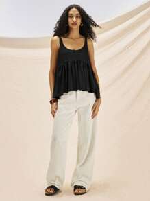 Easelle Women's Summer Pure Cotton Knit Patchwork A-Line Retro Casual Cami Top - Black - View 4