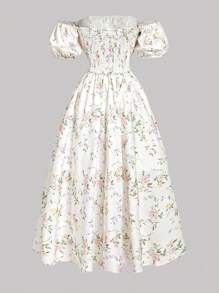 Girlism Teen Girl's Open Shoulder Puff Sleeve Ditsy Floral White Mid-Length Tea Party Dress,Boho Clothing,Easter Dress,Holiday Family Outdoor Spring Picnic Everyday Wear,Suitable For Various Occasions,Music Festival Bridesmaids Dress,,Suitable For Parties, Weddings, Garden Events, Commuting Elegance,,Shopping, Suitable For Weddings,Birthday Parties,Dances And Bridesmaids Occasions - Multicolor - View 2