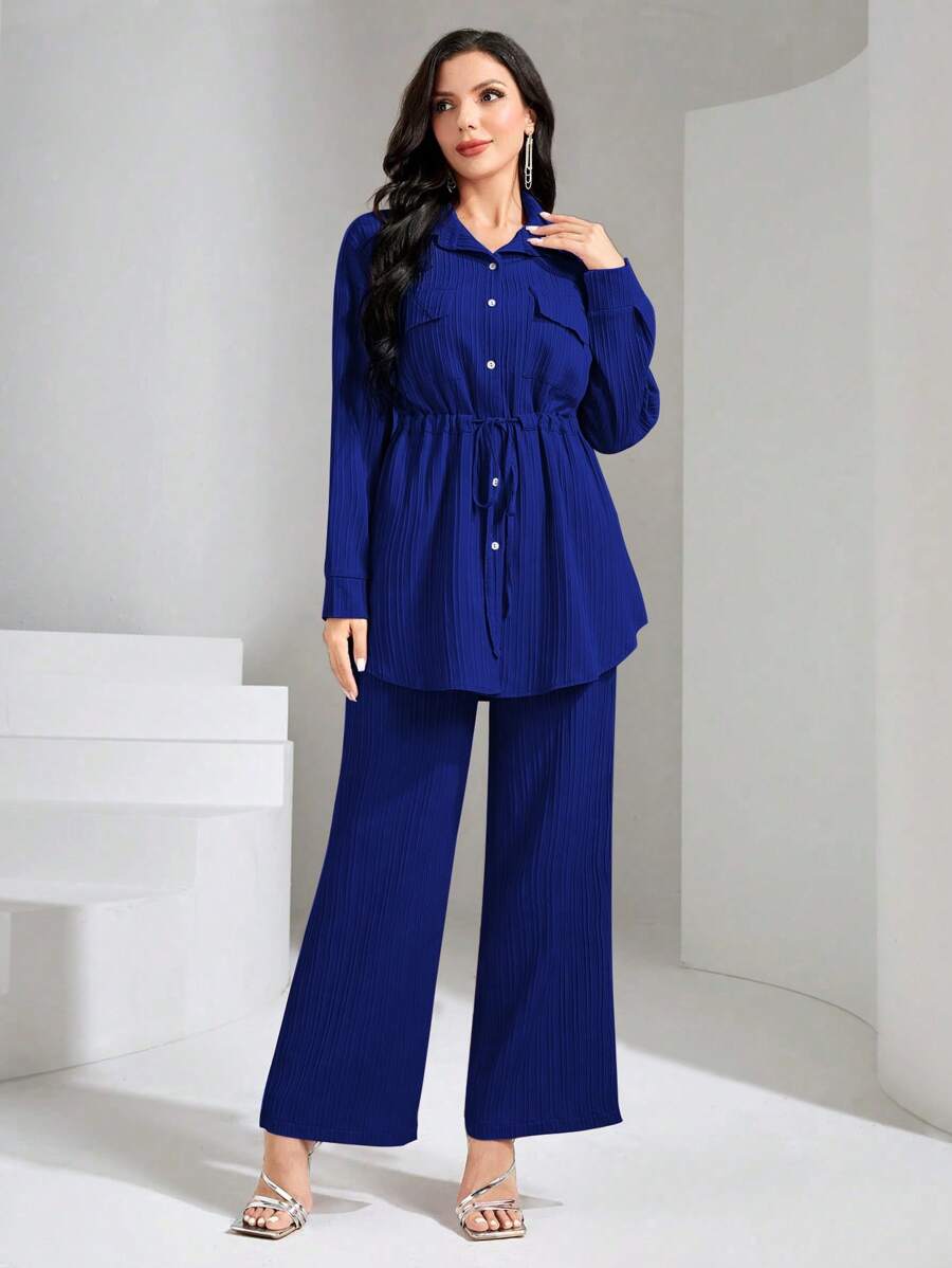 Graceveil Flap Pocket Drawstring Waist Shirt & Wide Leg Pants 2 Pieces Set Modest - Blue - View 1