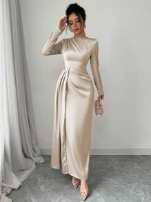 Elenzga Vestido largo con manga larga, escote en hombros fruncidos, corte de seda satinado con abertura lateral, elegante atuendo de mujer
