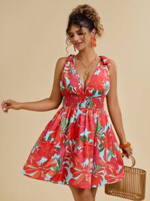 Travachic Plus Size Tropical Print Bowknot Decor Mini Dress - Orange - View 4