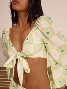 MUSERA Printed Chiffon Tie Front Flare Long Sleeve Top Spring  Vacation Boho Ibiza Elegant Beach Cute Beach House Holiday Elegant - Green - View 4