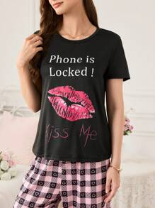 SHEIN Parte superior de pijama de mangas cortas para mujer, cómoda, con estampado de labios y letras, para verano