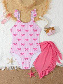 SHEIN Tween Girls One-Piece Swimsuit, Adorable Pink Bow & Striped Print Girl One-Piece Swimwear With Skirt 2 Pieces Set Beach Wear For Girls Beach Clothes For Tween Girls Girls Beach Clothes Beach Girl Clothes Tween Girl Beach Clothes Summer Holiday - Pink - View 3