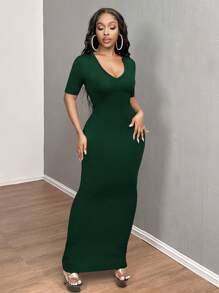 SHEIN SXY 女士纯色 V 领紧身短袖连衣裙 Hoco Dresses - 墨綠色 - 查看 7