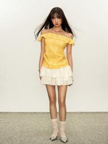 Rina Fox Women Summer Casual Plaid Ruffle Off-Shoulder Blouse - Yellow - View 2