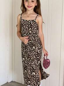 SHEIN 复古豹纹美亚德色调少女休闲时尚针织吊带连衣裙适合夏季