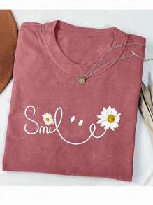 女式夏季字母和雏菊印花圆领短袖休闲T恤 - 紅木色 - 查看 3