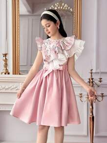 SHEIN Tween Girl Light Pink Delicate Floral Jacquard Splice Elegant Little Princess Summer Wedding Knee Length Dress,Cute Round Neck Ruffle Trim Cap Sleeve - Pink - View 16