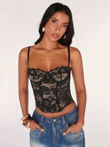 SHEIN BAE 性感蕾丝透视吊带背心，适合派对、约会、通勤、可爱文胸、性感夜店上衣、束身胸衣、外出上衣、可爱上衣、夏季蕾丝上衣 - 黑色 - 查看 5