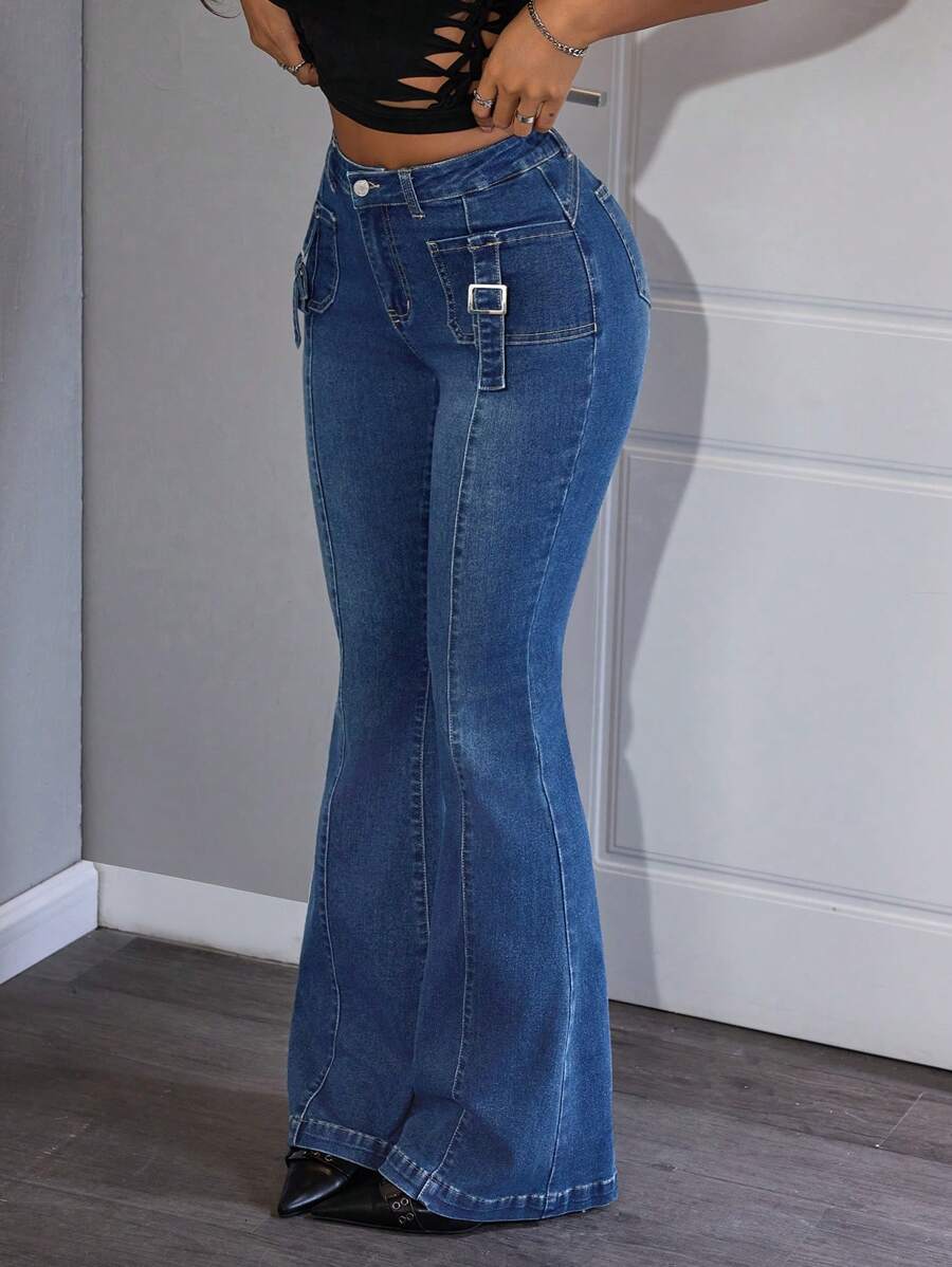 SHEIN ICON Women's Denim Flare Leg Pants, Fashionable For Summer - Blue - View 1