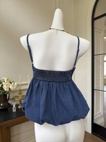 SHEIN EZwear 女士夏季荷叶边水洗牛仔吊带背心、娃娃装上衣 - 藍色 - 查看 2