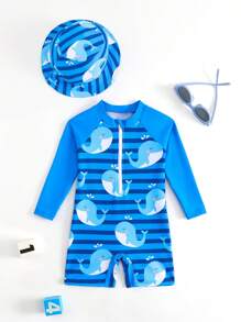 Newborn Baby Blue Striped Whale Print Swimsuit Set, UV-Protection One-Piece Baby Beach Clothes Boy Baby Boy Clothes Beach Beach Clothes For Boys Baby Beach Wear Baby Beach Clothes