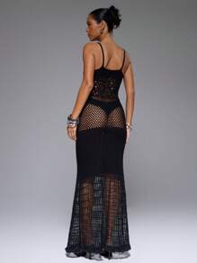 MUSERA Maxikleid mit dünnen Trägern, tiefem V-Ausschnitt, gemischter Häkel- und Strickoptik, Volantbesatz, für Frühling, Sommer, Urlaub, Strand, Cover-Up, Schwimmen, elegant, süß, sexy, Boho, Ibiza, Wüste, Orchidee, Abend, Herbst, Winter, Date Night, Party, Thanksgiving, schick