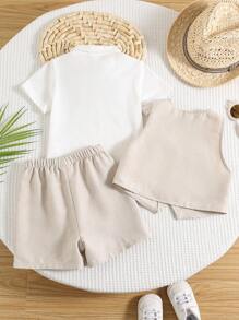 SHEIN 3pcs/Set Baby Boy/Girl Gentleman Suit: White Short Sleeve Shirt T-Shirt, Vest, Shorts/Pants. Gentlemanly Outfit Suitable For Spring/Summer Wear, Home, Outing, Birthday Party, Baptism, 1st Birthday, Ceremony, Wedding Guest, Pageboy, Ring Bearer - Apricot - View 2