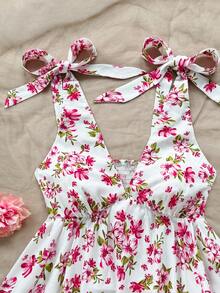 Soleia Women's Summer Vacation White Base Vintage Blue Floral Printed V-Neck Ruffle Sleeveless Tied Bow Back To School Cute Casual Tank Top Floral Tops For Women Floral Tops Flower Tops Rose Top Flower Top - Multicolor - View 5