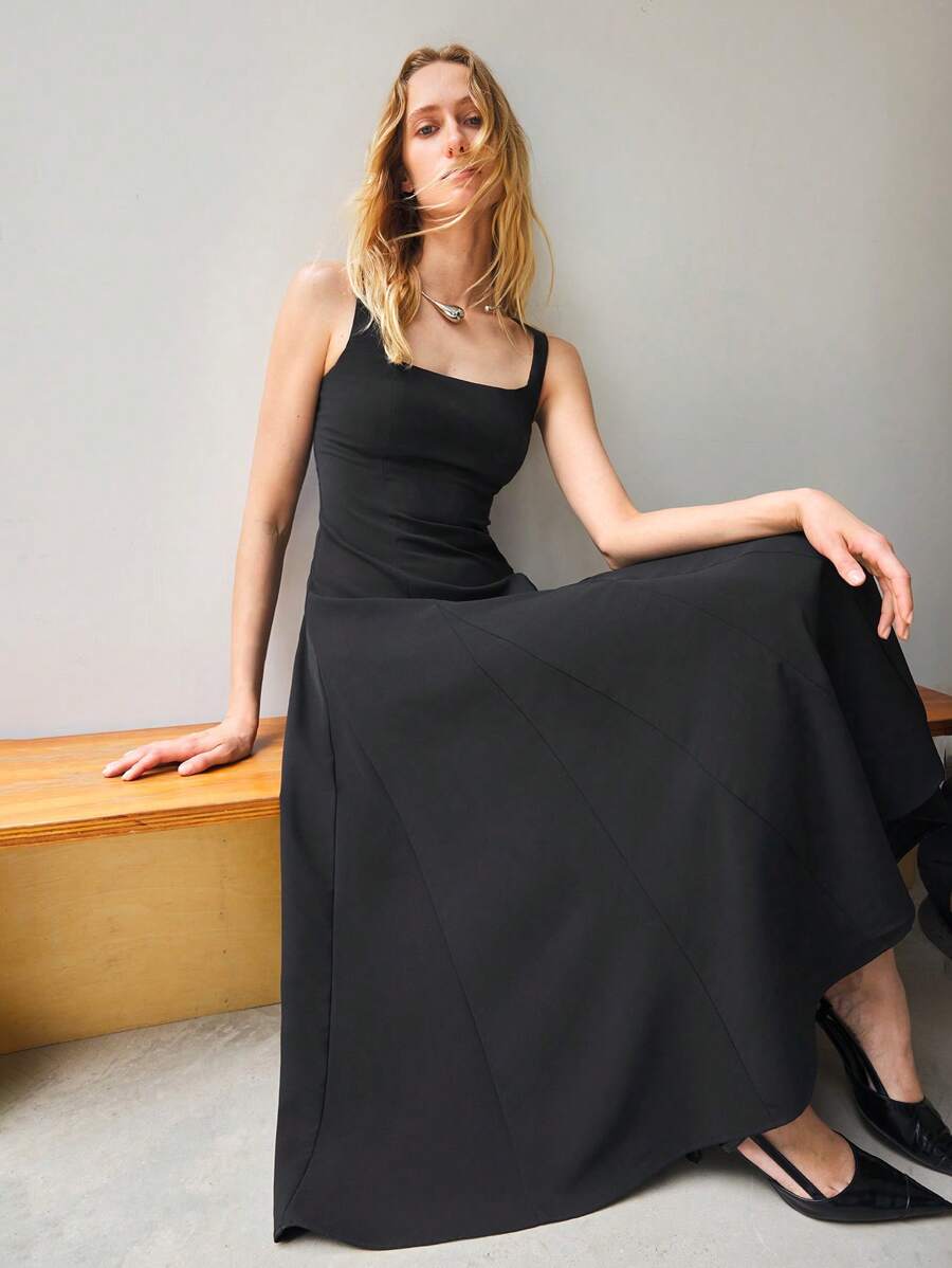 Maija Women Square Neckline Sleeveless Dress, Solid Color Summer - Black - View 1