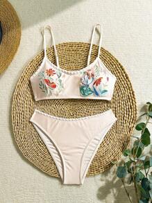 SHEIN Swim Women's Summer New Embroidered Floral Trim Solid Texture Bikini Set - Apricot - View 2