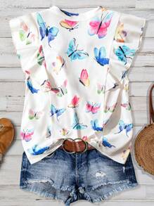 SHEIN LUNE Plus Size Summer Casual Butterfly Print Notch Collar Ruffle Hem Blouse - White - View 2