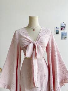 Soleia 2 件套女士度假柳枝纹理面料荷叶边 V 领喇叭袖衬衫和荷叶边下摆裙套装，适合嬉皮士、音乐节、派对 - 粉色 - 查看 6