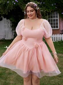 Lyrianda Plus Size Spring/Summer Romantic Vacation 3D Floral Puff Sleeve Dress