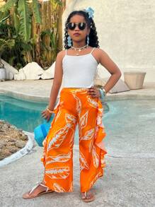 Tween Girl Spring & Summer Casual Tropical Plant Orange Print Ruffle Hem Super Wide Leg Pants , Mommy And Me Matching Outfits(2 Sets Are Sold Separately)