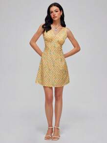 Roylia Women V-Neck Sleeveless Waist Cinched Yellow Floral Print Dress - Yellow - View 4