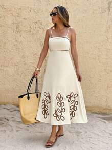 SHEIN Frenchy Vestido de vacaciones con bordado de hojas en los tirantes para mujer, verano