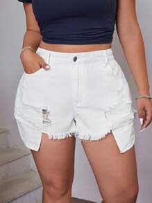 SHEIN ICON Plus Size Distressed Frayed Denim Shorts With No Stretch - White - View 4