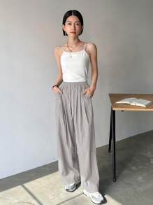 FRIFUL Women Casual Solid Color Drawstring Waist Straight Leg Pants