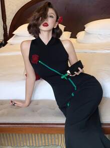DAZY Nuovo abito in stile cinese migliorato, cheongsam nero senza maniche in maglia con motivo ricamato a rose, adatto per estate e autunno