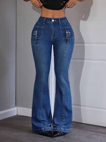 SHEIN ICON Women's Denim Flare Leg Pants, Fashionable For Summer - Blue - View 4