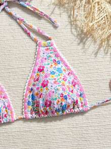 Swim Mod Women's Summer Beach New Random Print Tankini 2 Pieces Swimwear Bikini With Floral Print Trim