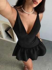 Aloruh Solid Color Black Backless Casual/Holiday Ruffle Strap Dress - Black - View 1