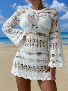 Swim Lushoire Summer Beach Hollow Out Scallop Trim Flounce Sleeve Cover Up Dress