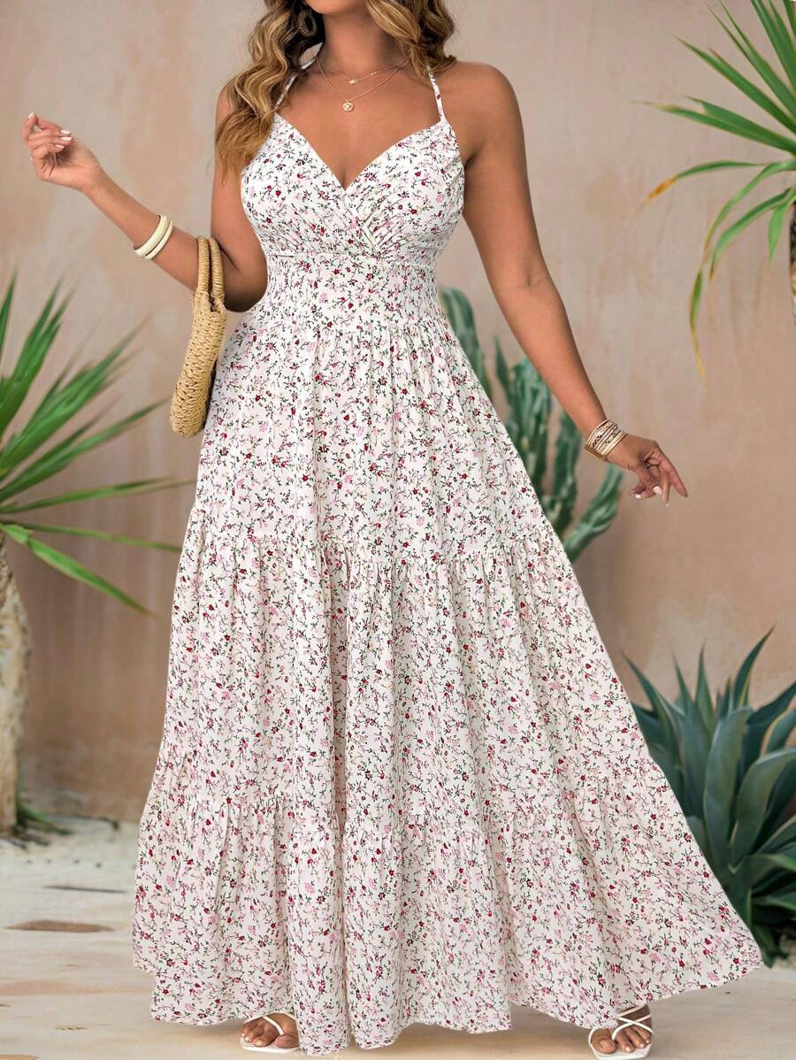 SHEIN Clasi Ditsy Floral Dress With V-Neck Design, Strappy Sleeveless, Plus Size, Yellow Ground, Summer Vacation, Flattering Neck Line - White - View 1