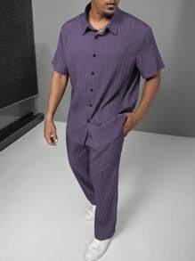 Manfinity Homme Conjunto de moda de verano de talla grande para hombre - Camisa de manga larga y pantalones