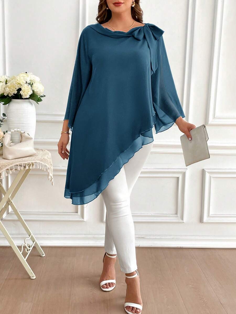 SHEIN Clasi Plus Size Solid Color Long Sleeve Shirt, Simple & Fashionable, Suitable For Summer - Navy Blue - View 1