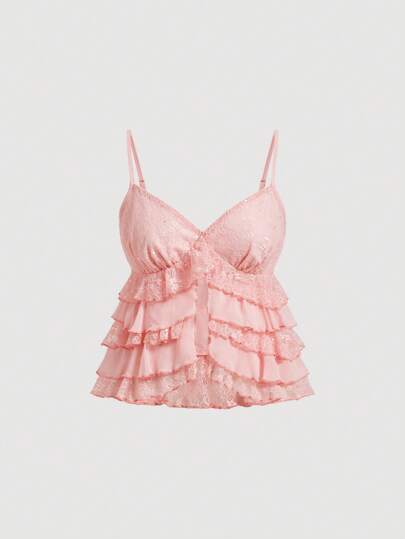 SHEIN MOD Elegant Solid Color Lace Patchwork Ruffle Strap