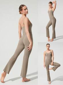 GLOWMODE FeatherFit™ Low-Cut Neck 70's Flare Jumpsuit Low Impact Yoga Pilates Studio Black Jumpsuit Summer Jumpsuit Elegant Jumpsuit Jumpsuits For Woman - Khaki - View 8