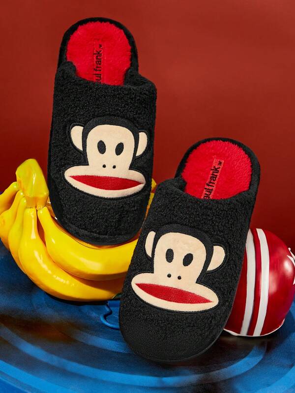 Paul Frank X SHEIN Fashionable Colorblock Monkey Embroidery Plush Closed Toe Slippers With Shearling Lining, Embroidered Cute Pattern, Unisex, Suitable For All Seasons, Suitable For Indoor/Home Wear,Monkey