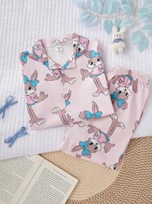 Young Girl' Cute Hand-Drawn Rabbit Design Casual Pink Cardigan & Shorts Home Outfit - Pink - View 6