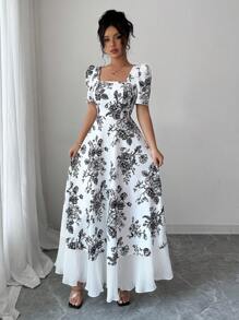 Elenzga Square Neck Printed Long Flowy Dress, Fashion & Suitable For Summer - Black and White - View 4