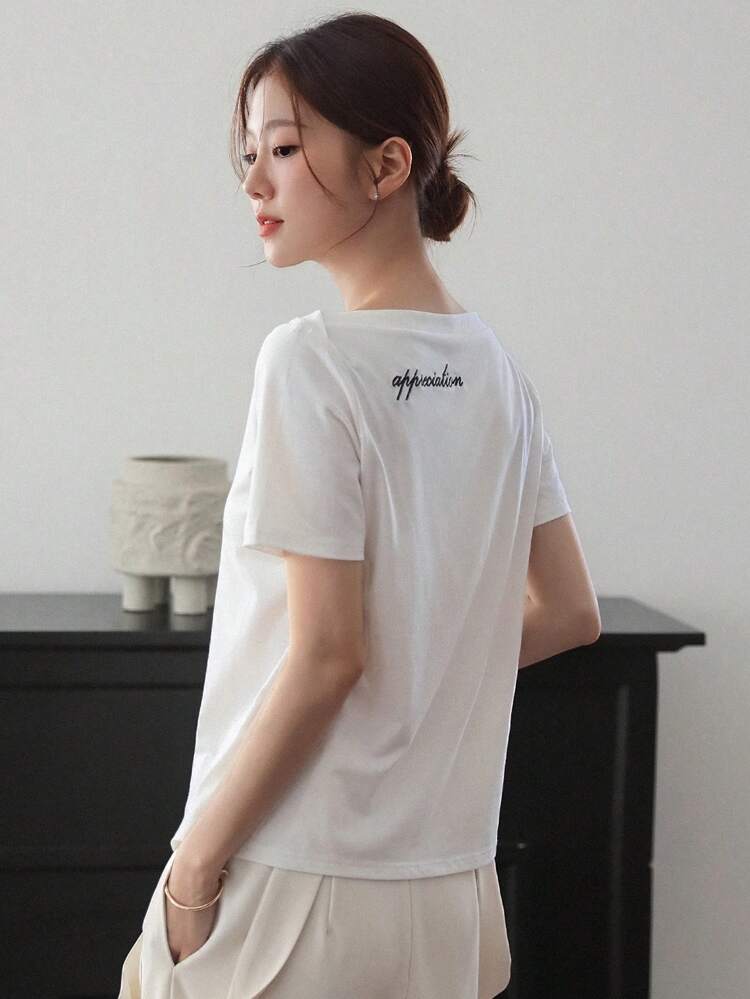Women's Heart & Letter Embroidered Casual Short Sleeve T-Shirt Top, Summer