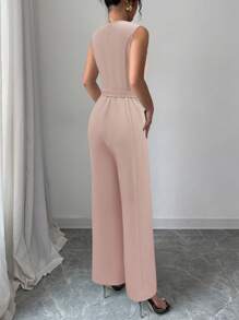 SHEIN Unity 法式优雅V领无袖拼色腰带女式连体衣 - 粉色 - 查看 2