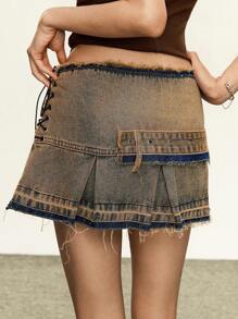 Rina Fox Vintage Washed Split Grommet Drawstring High Street Denim Skirt - Medium Wash - View 2