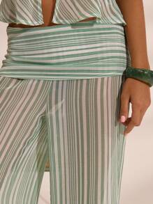 MUSERA Stripe Fold Over Low Waist Wide Leg Trousers Summer Vacation Boho Ibiza Elegant Beach Cute The Beach House Holiday - Multicolor - View 5