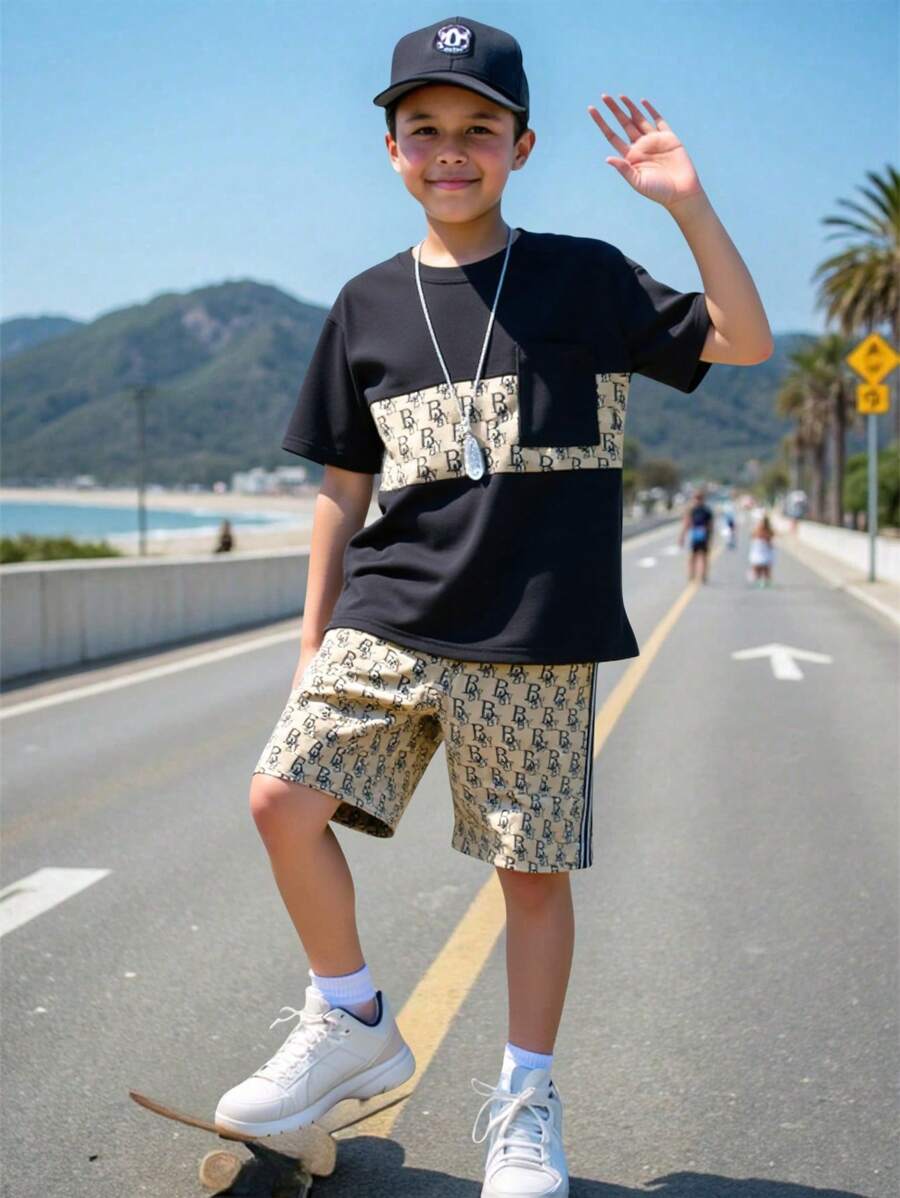 SHEIN 2件套青少年男孩夏季休闲字母印花T恤和短裤套装 - 黑色 - 查看 1