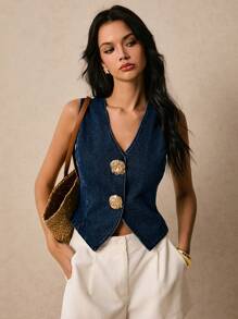 Poéselle Women Metal Button Decoration Denim Tops, Summer Fashion Women Denim Top Western Tops Blue Denim Y2k Country Tops, Old Money, Business Casual - Medium Wash - View 1