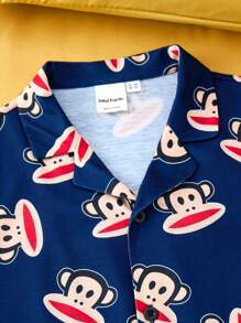Paul Frank X SHEIN Tween Boy Cartoon Monkey Printed Navy Blue Casual Short Sleeve Button-Up Shirt And Loose Shorts Flame Resistant Pajama Set - Navy Blue - View 5